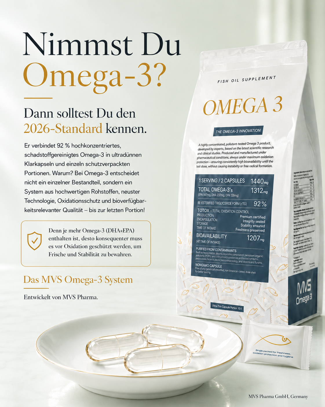 MVS Omega‑3 Packung, Sachets und transparente Kapsel